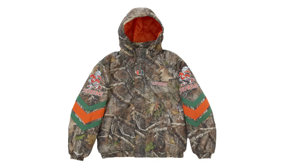 Supreme Mitchell & Ness NCAA Hooded Stadium Jacket Woodland Camo