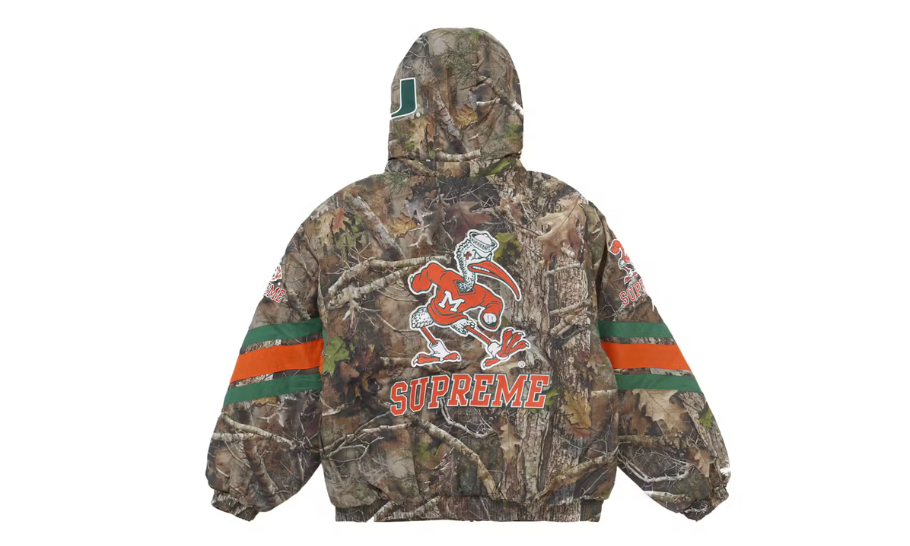 Supreme Mitchell & Ness NCAA Hooded Stadium Jacket Woodland Camo