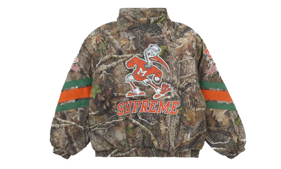 Supreme Mitchell & Ness NCAA Hooded Stadium Jacket Woodland Camo