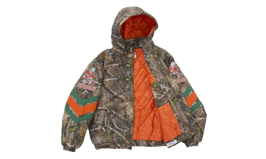 Supreme Mitchell & Ness NCAA Hooded Stadium Jacket Woodland Camo